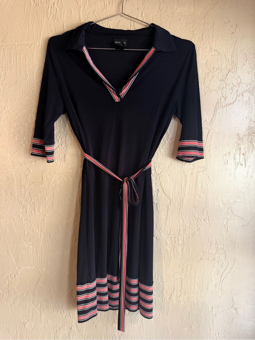 En Focus Studio Dress Womens 6 Navy Coral Stripe Belted Collared 3/4 Sleeve